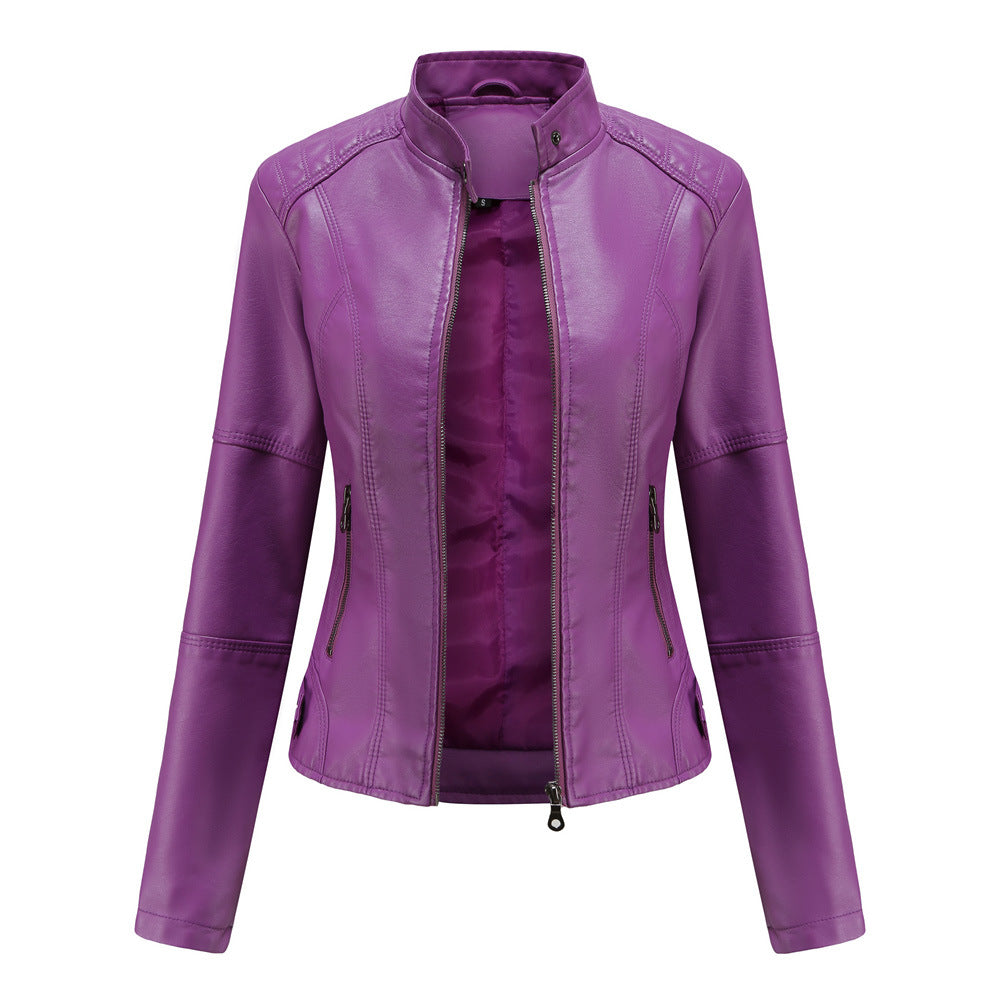 Women's Zip-Up PU Leather Jacket | Stand Collar Biker Outwear with Pockets