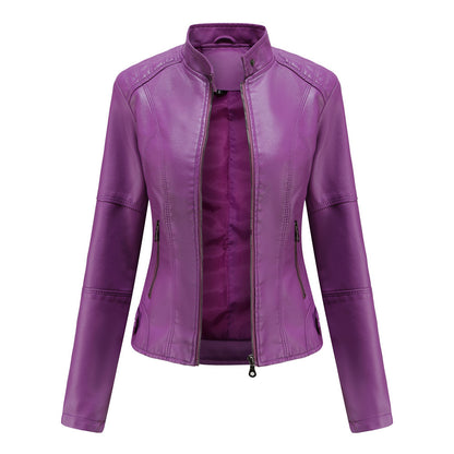 Women's Zip-Up PU Leather Jacket | Stand Collar Biker Outwear with Pockets