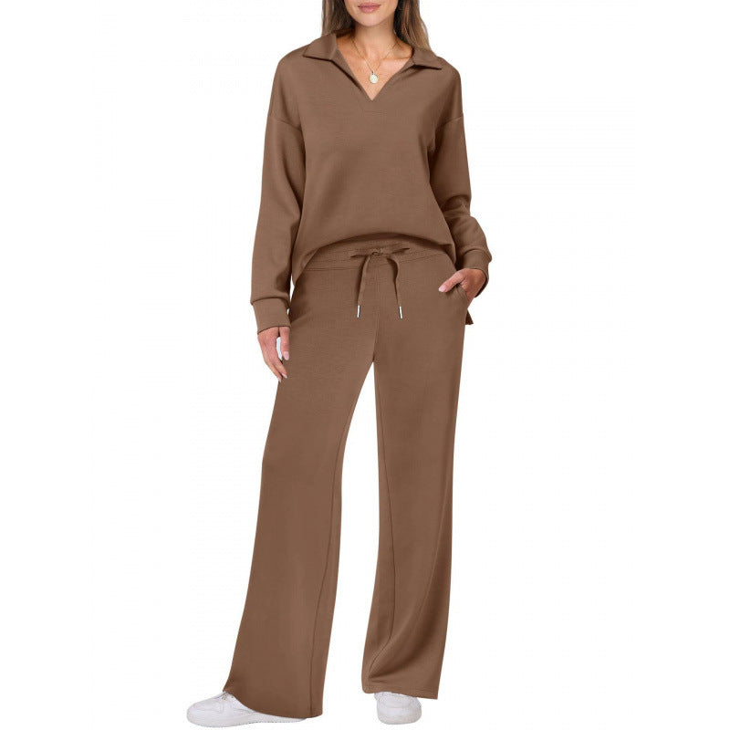 Women's V-Neck Tracksuit Set | Long Sleeve Pullover Top & Drawstring Straight-Leg Trousers