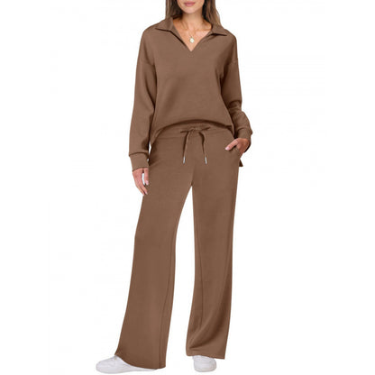 Women's V-Neck Tracksuit Set | Long Sleeve Pullover Top & Drawstring Straight-Leg Trousers