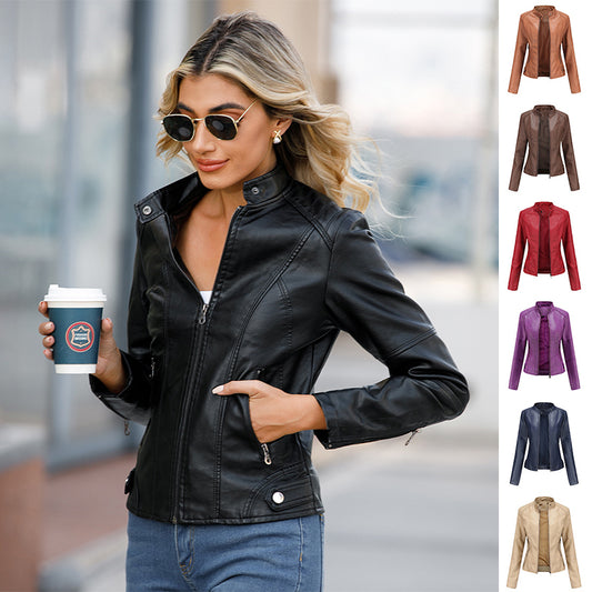 Women's Zip-Up PU Leather Jacket | Stand Collar Biker Outwear with Pockets