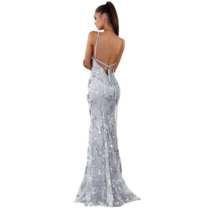 Women's Sequined Backless V-Neck Party Dress | Glamorous Princess Style