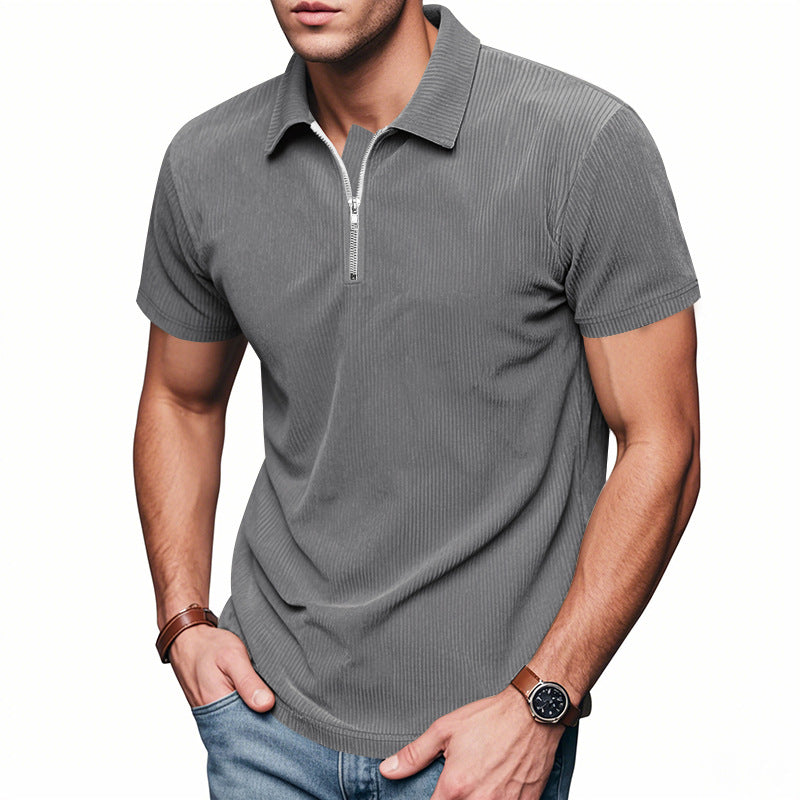 Men’s Loose Fit Corduroy Half-Zip Polo Short Sleeve T-Shirt – Casual Pullover Streetwear Top (S–XXXL)
