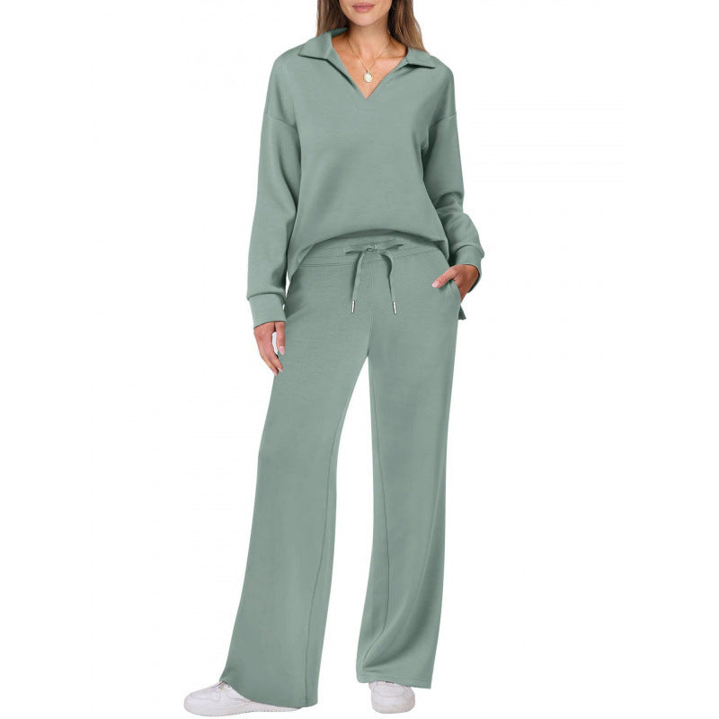 Women's V-Neck Tracksuit Set | Long Sleeve Pullover Top & Drawstring Straight-Leg Trousers