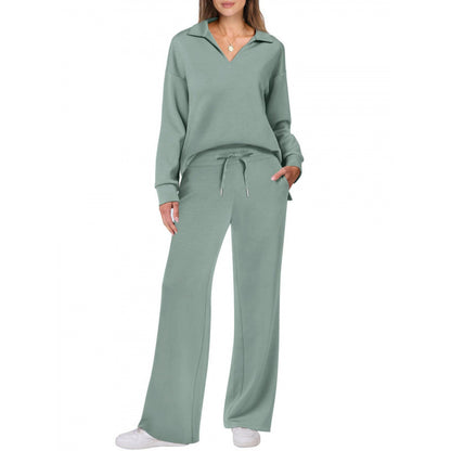 Women's V-Neck Tracksuit Set | Long Sleeve Pullover Top & Drawstring Straight-Leg Trousers