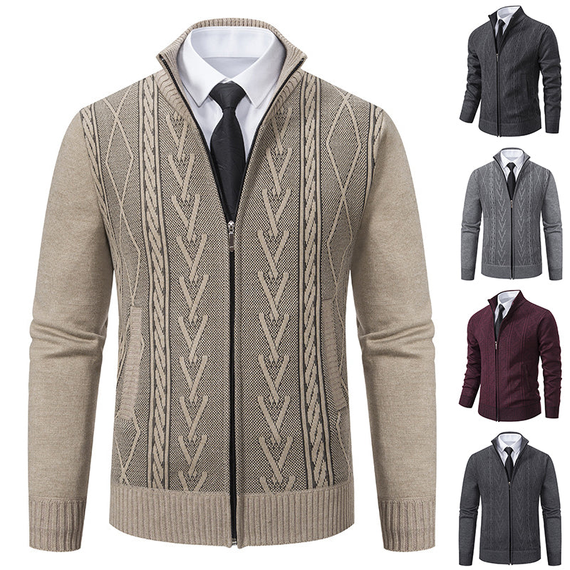 Men's Jacquard Zip-Up Knitted Cardigan | Stand Collar Loose Fit Sweater Top