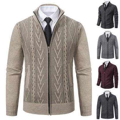 Men's Jacquard Zip-Up Knitted Cardigan | Stand Collar Loose Fit Sweater Top