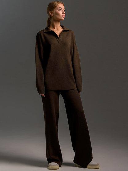 Women's Knitted Pullover Sweatshirt & Straight-Leg Trousers Co-ord Set | Cosy Casual Two-Piece