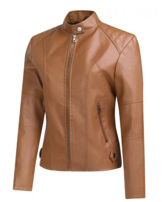 Women's Zip-Up PU Leather Jacket | Stand Collar Biker Outwear with Pockets