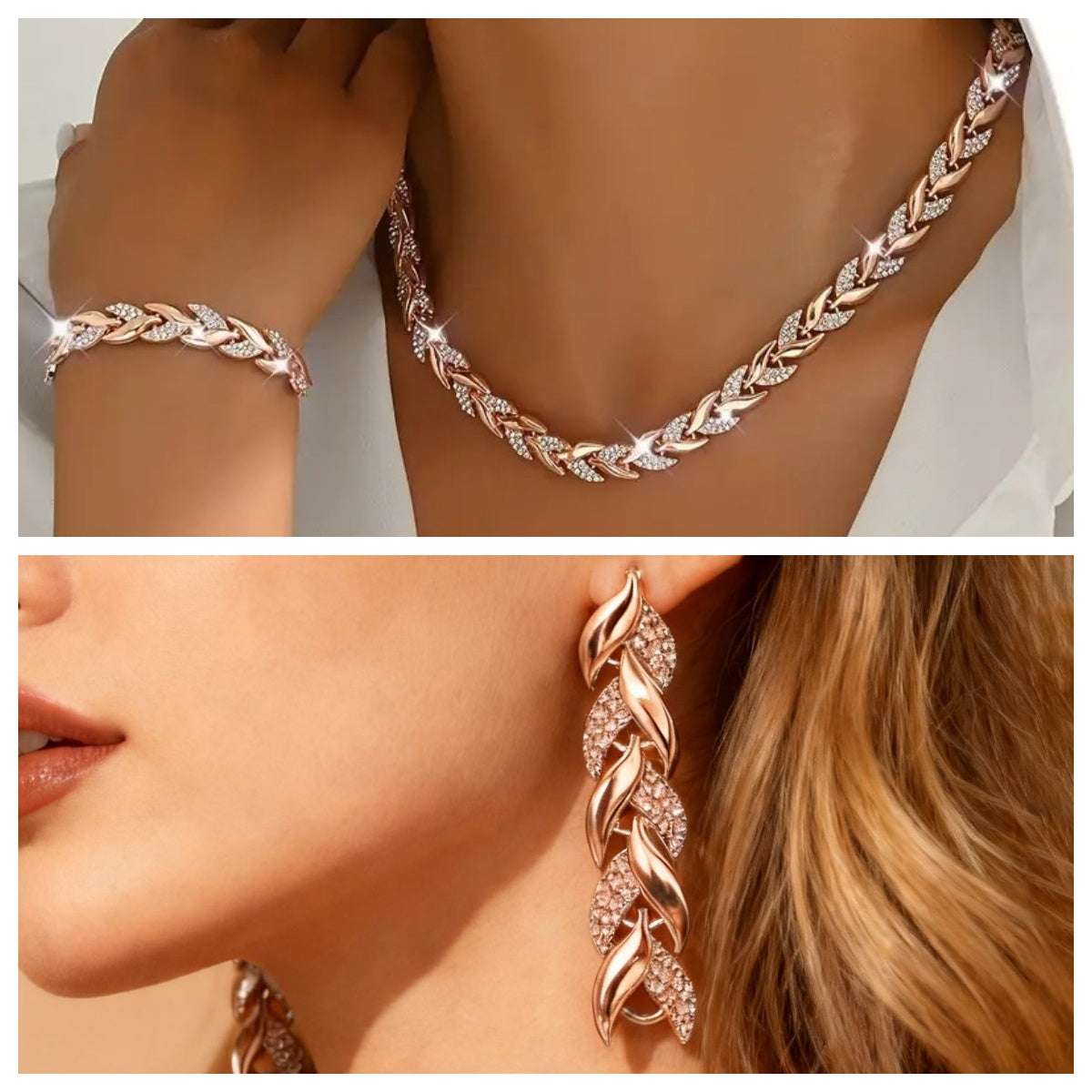 Women's Glass Leaf Necklace & Bracelet Set | Elegant Rhinestone Chain Jewellery Set