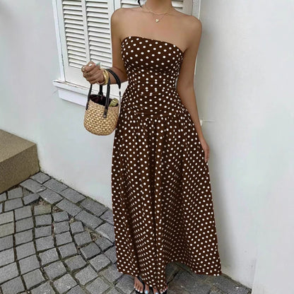 Women’s Off Shoulder Polka Dot A-Line Dress Waist Cinched Sleeveless Party Midi Dress