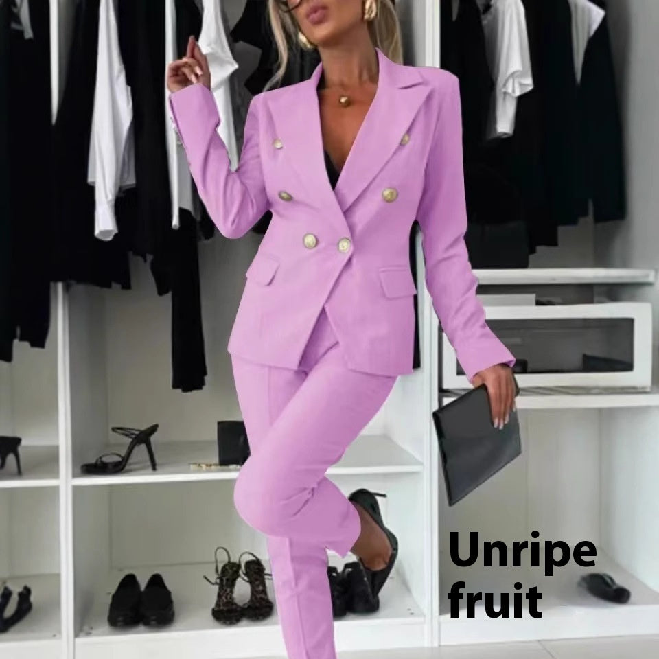Women's Double-Breasted Blazer & Zip-Up Trousers Suit Set | Slim Lapel Smart-Casual Co-ord