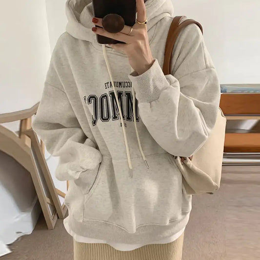 Women's Alphabet Print Fleece Hoodie | Oversized Pullover Sweater