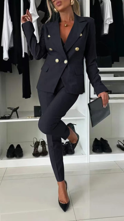 Women's Double-Breasted Blazer & Zip-Up Trousers Suit Set | Slim Lapel Smart-Casual Co-ord