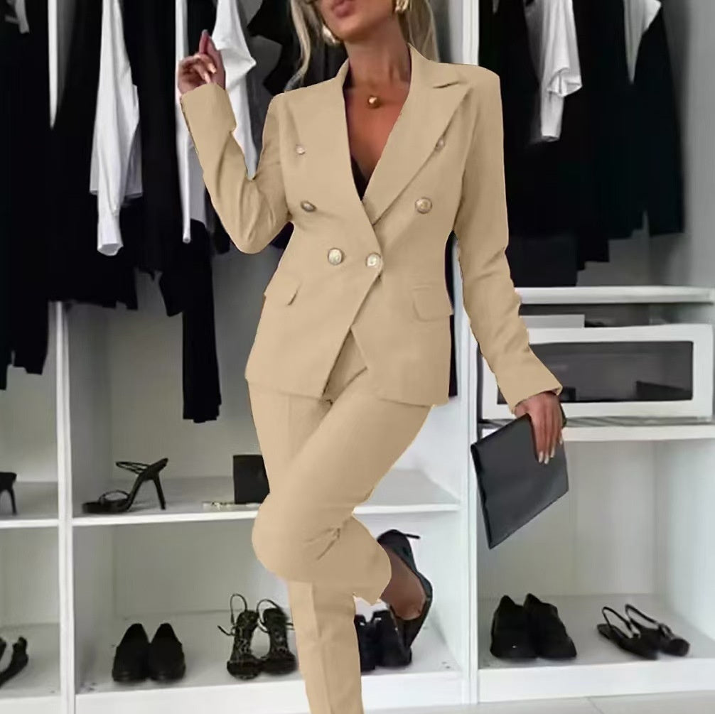 Women's Double-Breasted Blazer & Zip-Up Trousers Suit Set | Slim Lapel Smart-Casual Co-ord