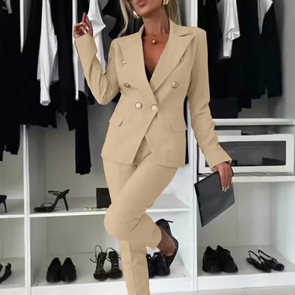 Women's Double-Breasted Blazer & Zip-Up Trousers Suit Set | Slim Lapel Smart-Casual Co-ord