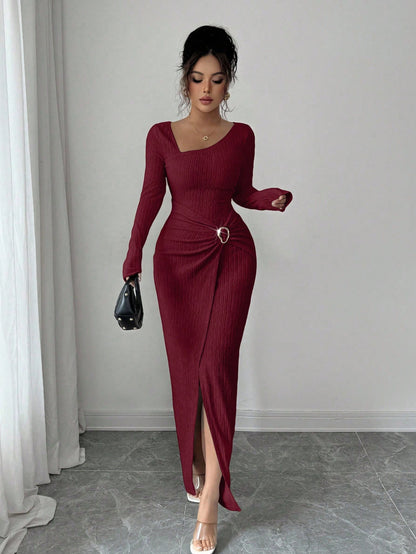 Women’s Autumn Winter Irregular Neck Knitted Long Dress – Elegant Split Bodycon Maxi Dress