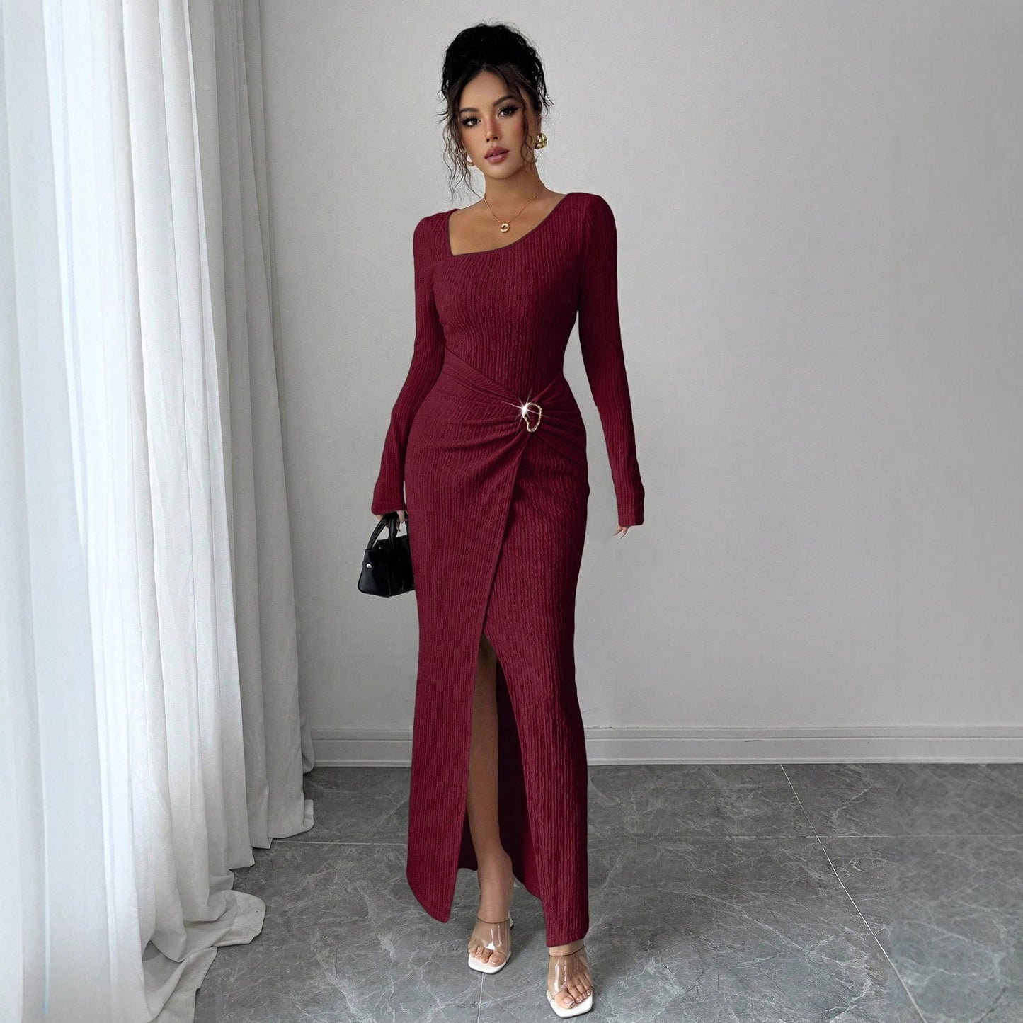 Women’s Autumn Winter Irregular Neck Knitted Long Dress – Elegant Split Bodycon Maxi Dress