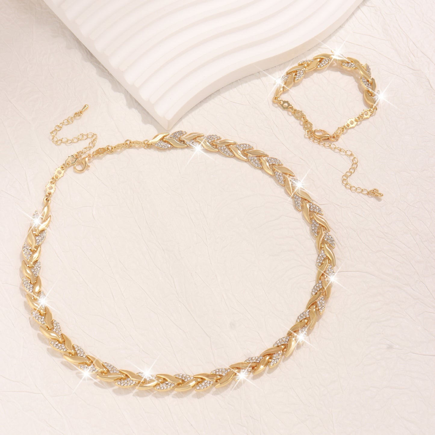 Women's Glass Leaf Necklace & Bracelet Set | Elegant Rhinestone Chain Jewellery Set
