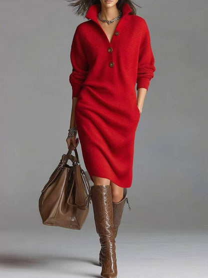 Women's Stand Collar V-Neck Sweater Dress | Long Sleeve Button Pullover Winter Dress