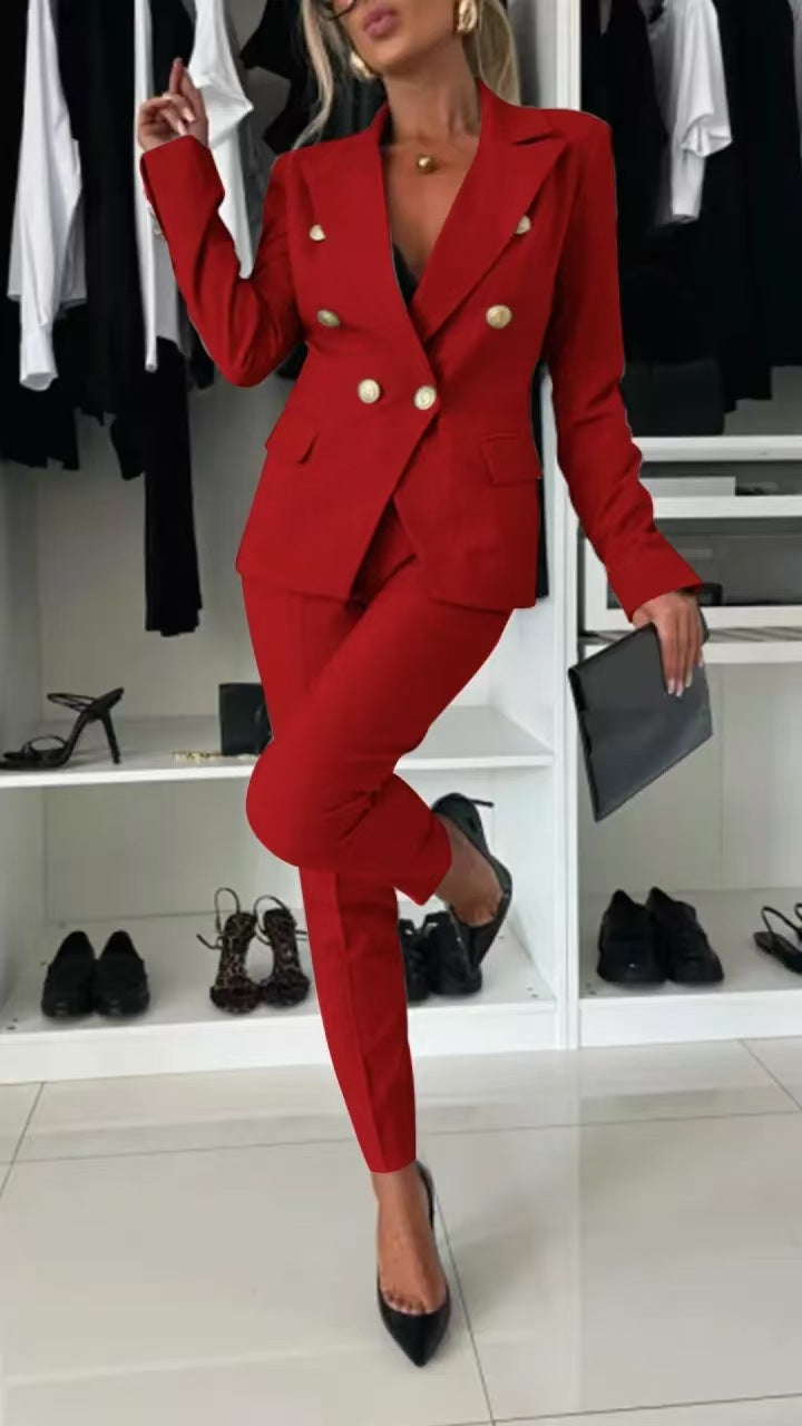 Women's Double-Breasted Blazer & Zip-Up Trousers Suit Set | Slim Lapel Smart-Casual Co-ord