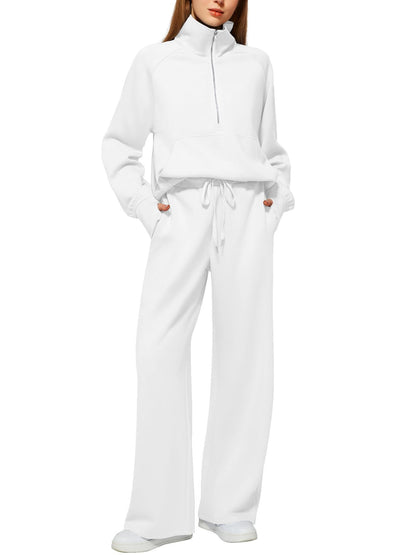 Women's Half-Zip Sweatshirt & Wide Leg Pants Co-ord Set | Casual Sporty Two-Piece Outfit