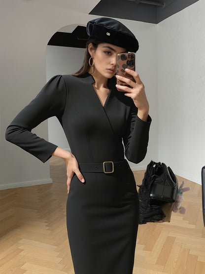 V-Neck Slim Fit Long Sleeve Dress | Smart Casual Office Dress for Women