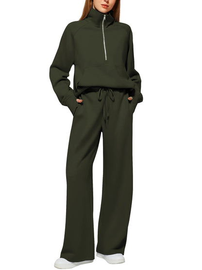 Women's Half-Zip Sweatshirt & Wide Leg Pants Co-ord Set | Casual Sporty Two-Piece Outfit