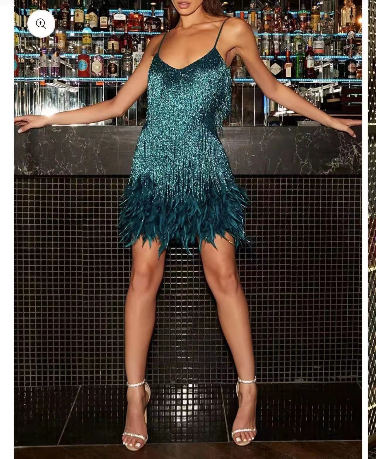Feather & Sequin Mini Dress | V-Neck Spaghetti Strap Party Dress