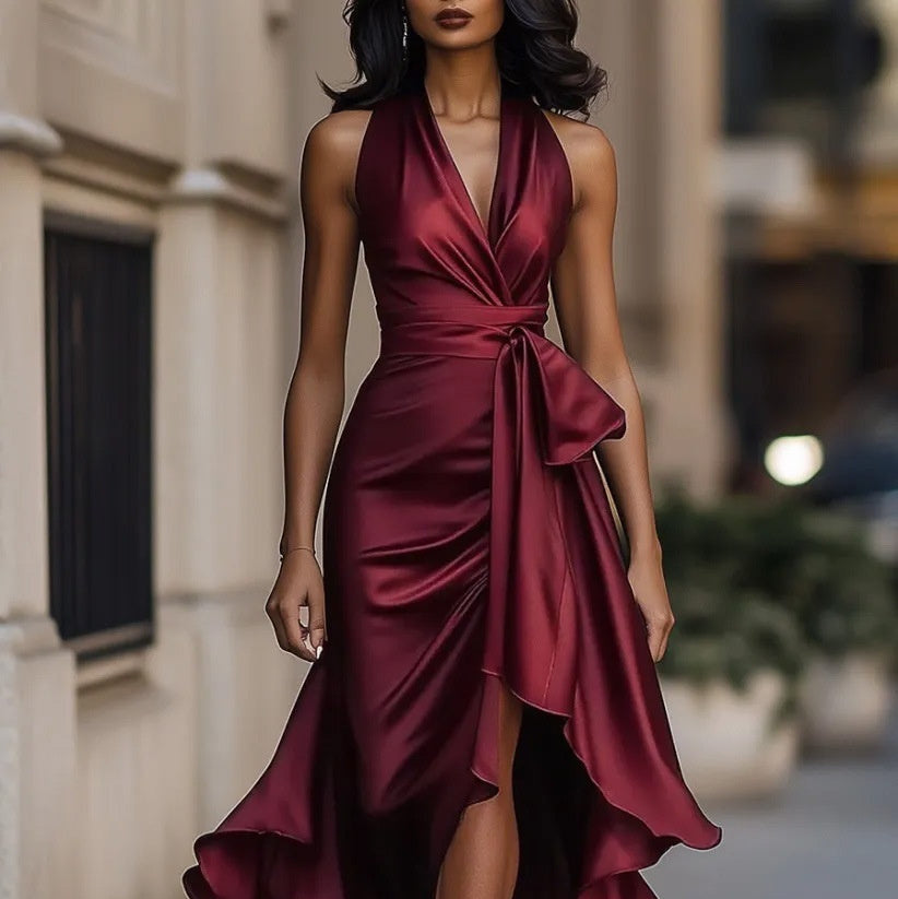 Women's Elegant Deep V-Neck Asymmetric Ruffle Satin Dress | Lace-Up High Waist Party & Wedding Guest Gown