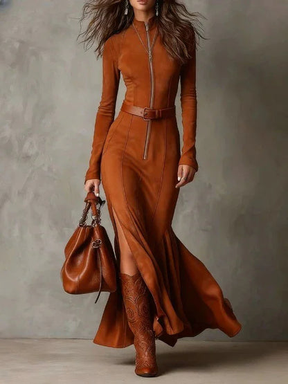 Women's Slim Fishtail Midi Dress | High Waist Split Long Sleeve Retro Dress