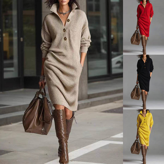 Women's Stand Collar V-Neck Sweater Dress | Long Sleeve Button Pullover Winter Dress