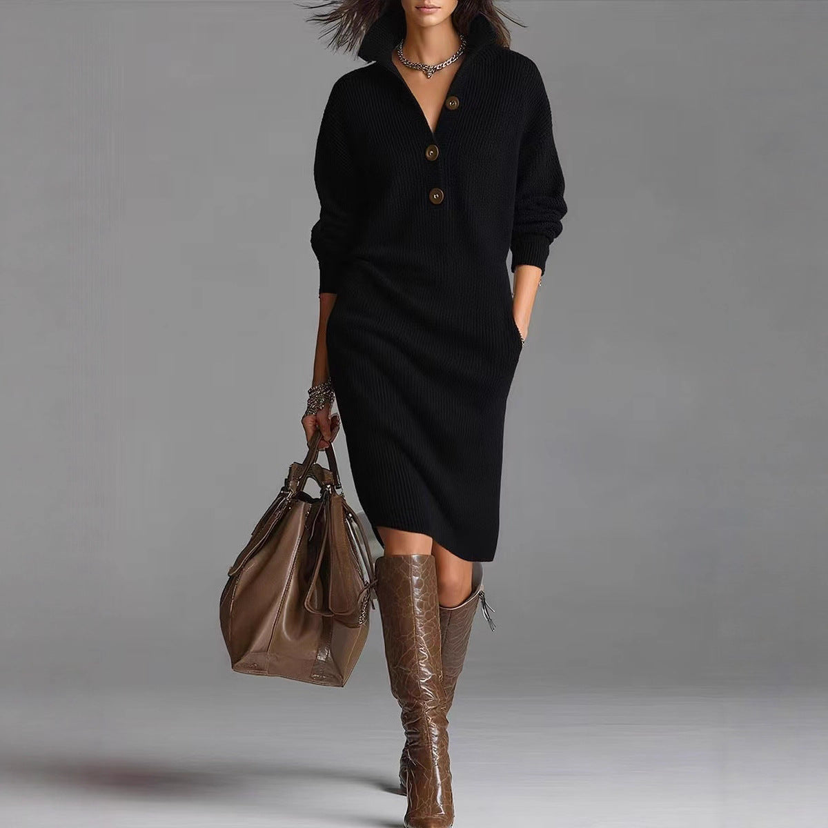 Women's Stand Collar V-Neck Sweater Dress | Long Sleeve Button Pullover Winter Dress