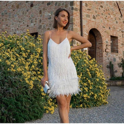 Feather & Sequin Mini Dress | V-Neck Spaghetti Strap Party Dress