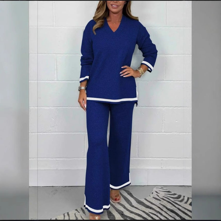 Women Elegant Two Pieces Of Fitting Cloth Temperament Leisure Solid Color Knitted Long Sleeve Women Trousers And Top Suit, Two Piece Pants & Top Solid Color Set Of Women wear