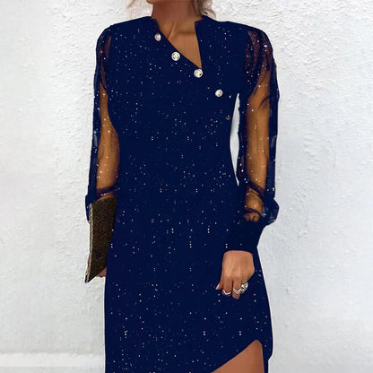 Women’s Lace Mesh Sequin Patchwork Long-Sleeve Mid-Length Dress | Elegant High Waist Evening Party Dress (S–XXL)