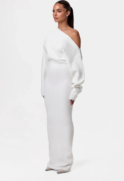 Off-Shoulder Bodycon Knitted Dress | Slim Fit Long Sleeve Evening Party Dress