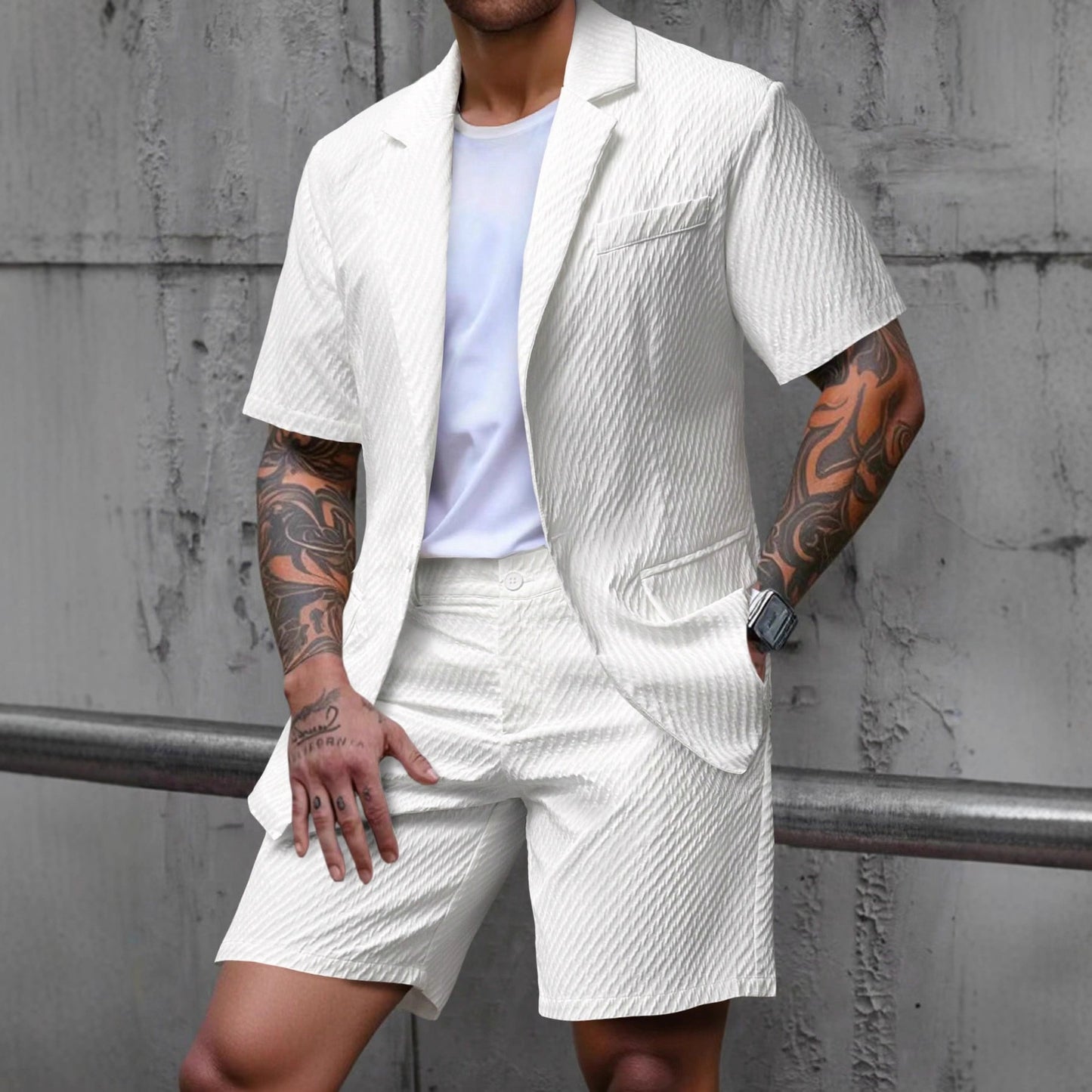 Men’s Slim-Fit White Short Two-Piece Suit – Business Casual Summer Outfit, Lightweight Woven Polyester Set (S–XXL)
