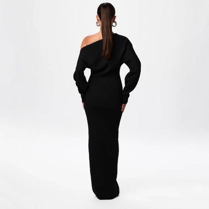 Off-Shoulder Bodycon Knitted Dress | Slim Fit Long Sleeve Evening Party Dress