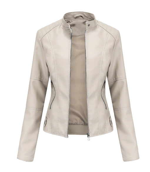 Women's Zip-Up PU Leather Jacket | Stand Collar Biker Outwear with Pockets