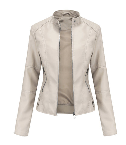 Women's Zip-Up PU Leather Jacket | Stand Collar Biker Outwear with Pockets
