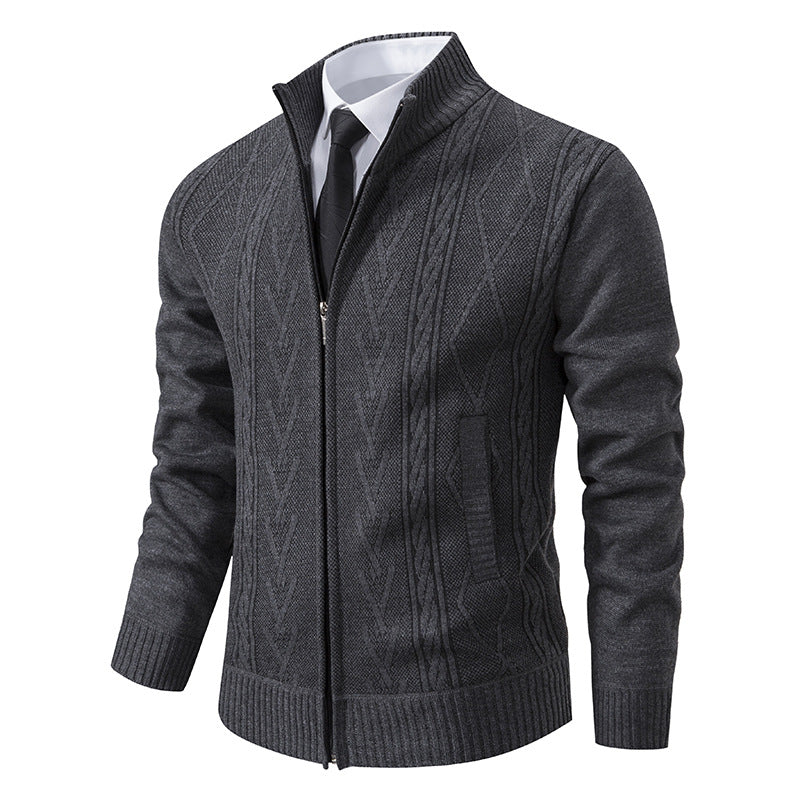 Men's Jacquard Zip-Up Knitted Cardigan | Stand Collar Loose Fit Sweater Top