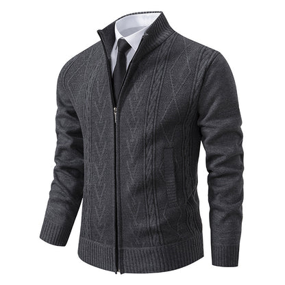 Men's Jacquard Zip-Up Knitted Cardigan | Stand Collar Loose Fit Sweater Top