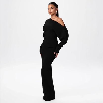Off-Shoulder Bodycon Knitted Dress | Slim Fit Long Sleeve Evening Party Dress