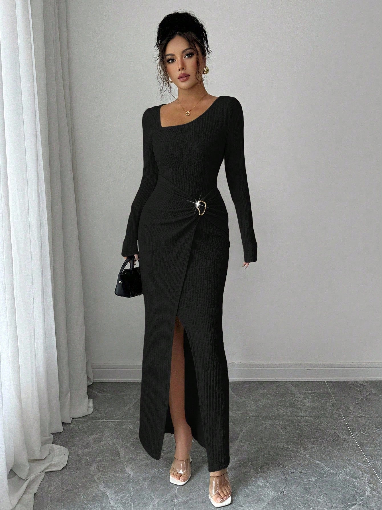 Women’s Autumn Winter Irregular Neck Knitted Long Dress – Elegant Split Bodycon Maxi Dress