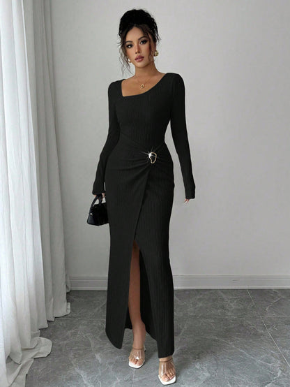 Women’s Autumn Winter Irregular Neck Knitted Long Dress – Elegant Split Bodycon Maxi Dress