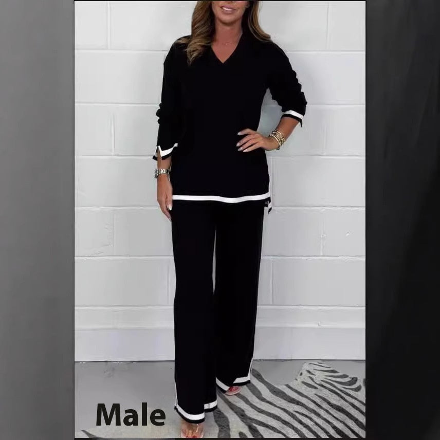 Women Elegant Two Pieces Of Fitting Cloth Temperament Leisure Solid Color Knitted Long Sleeve Women Trousers And Top Suit, Two Piece Pants & Top Solid Color Set Of Women wear