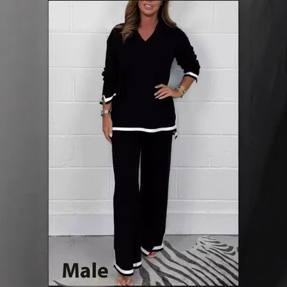 Women Elegant Two Pieces Of Fitting Cloth Temperament Leisure Solid Color Knitted Long Sleeve Women Trousers And Top Suit, Two Piece Pants & Top Solid Color Set Of Women wear