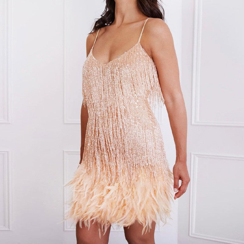 Feather & Sequin Mini Dress | V-Neck Spaghetti Strap Party Dress