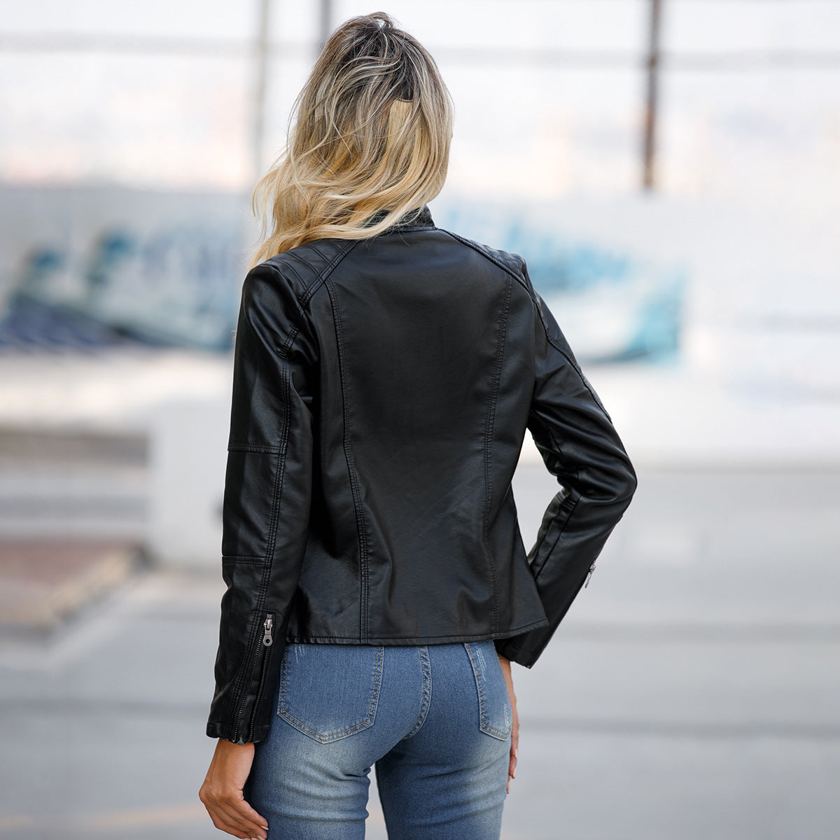 Women's Zip-Up PU Leather Jacket | Stand Collar Biker Outwear with Pockets